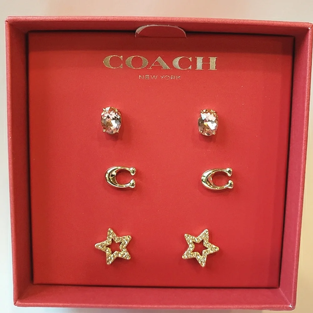 Coach Signature Star Earrings Set. 3 pairs in gift box. Pink, gold tone